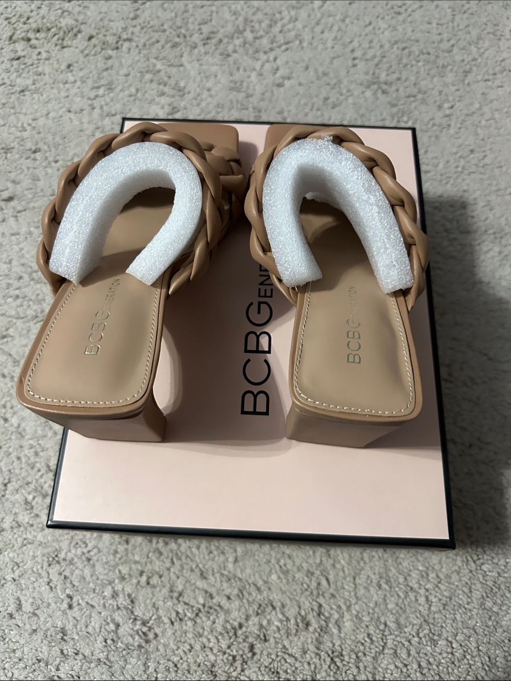 BCBGeneration Braided Square-Toe Block Heel Mules in Tan
